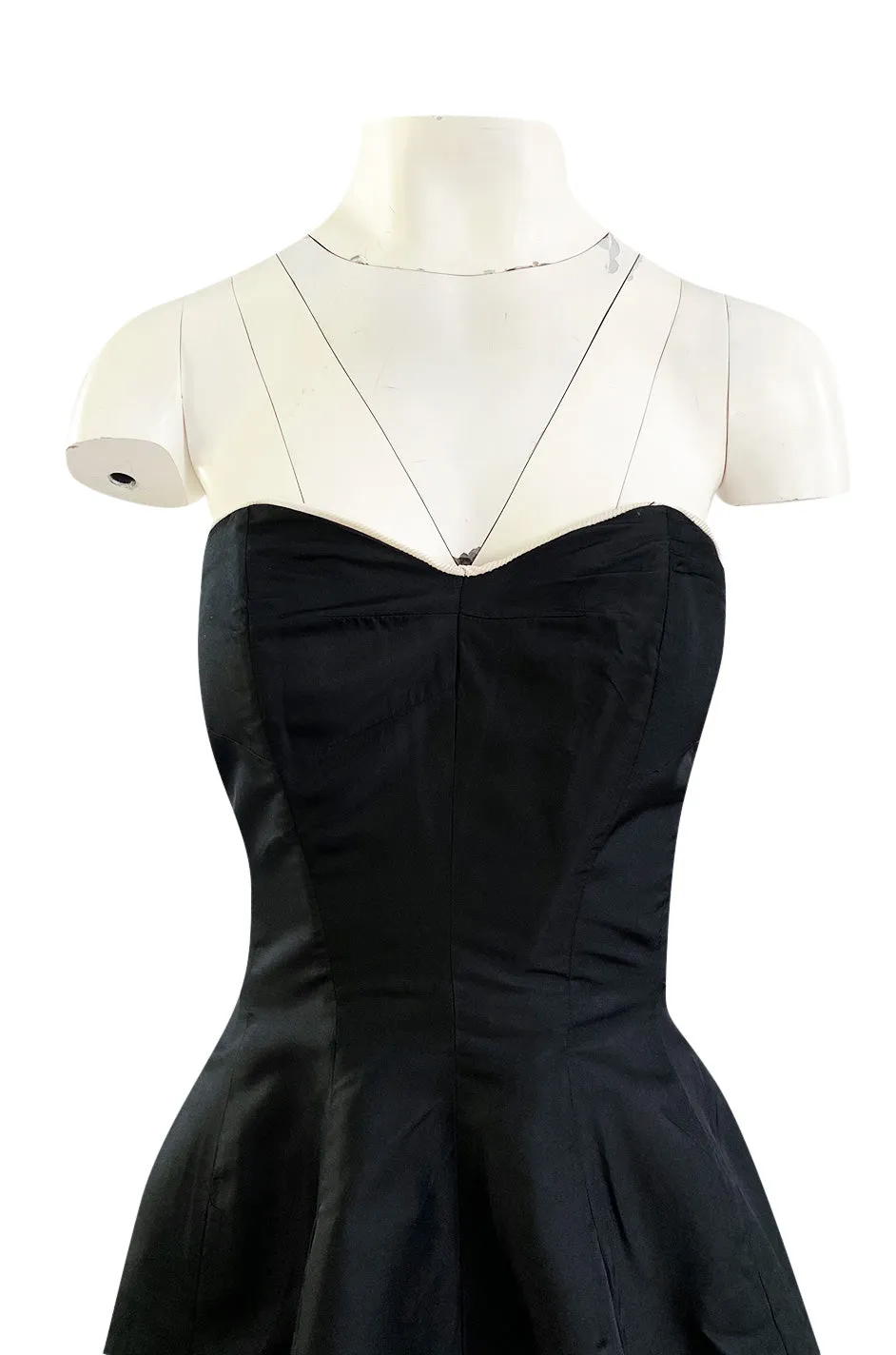 1950s Bonwit Teller Strapless Black Silk Dress w White Edging & Full Skirt