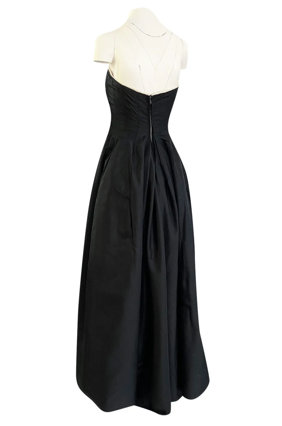 1950s Bonwit Teller Strapless Black Silk Dress w White Edging & Full Skirt