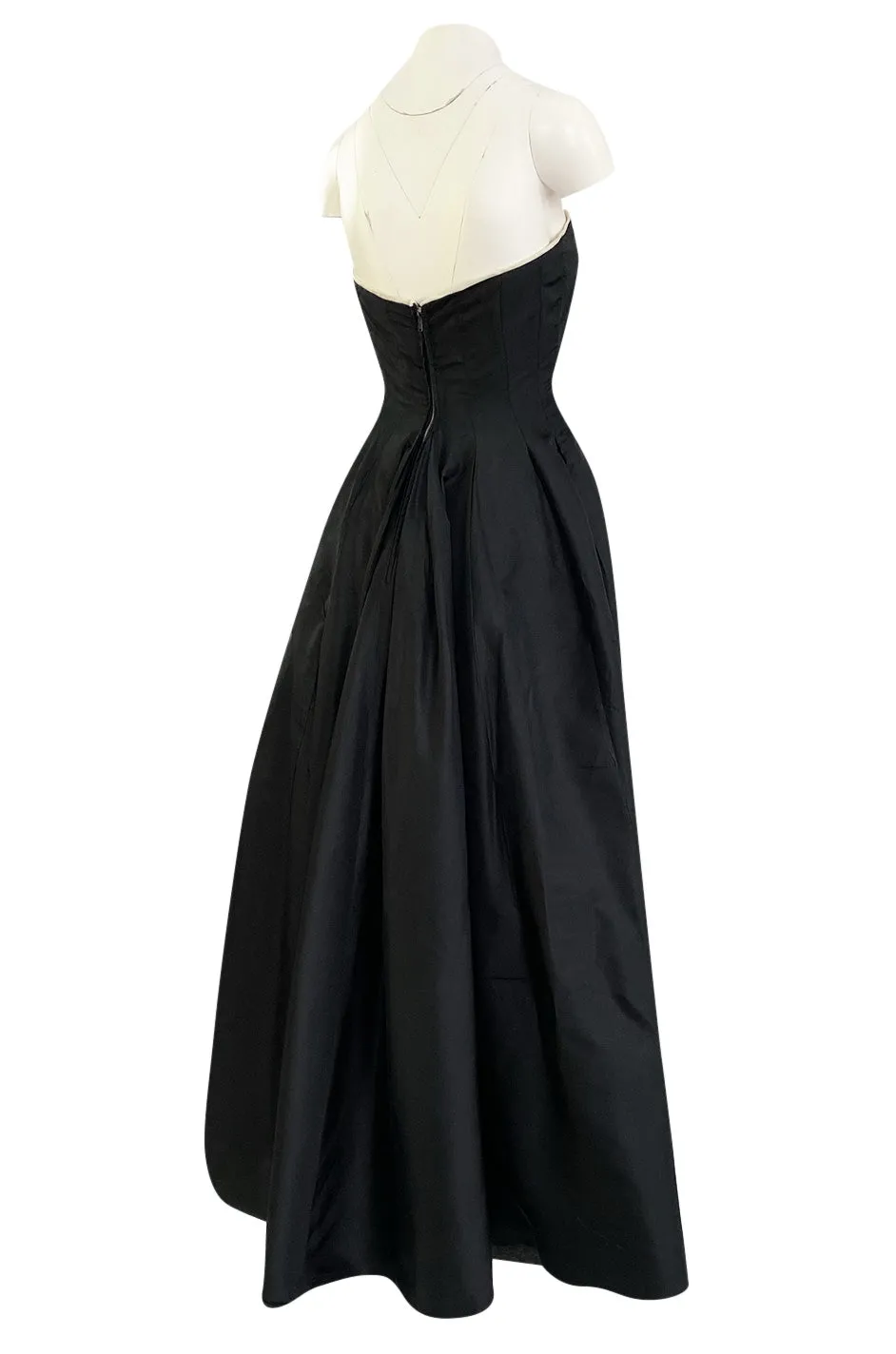 1950s Bonwit Teller Strapless Black Silk Dress w White Edging & Full Skirt