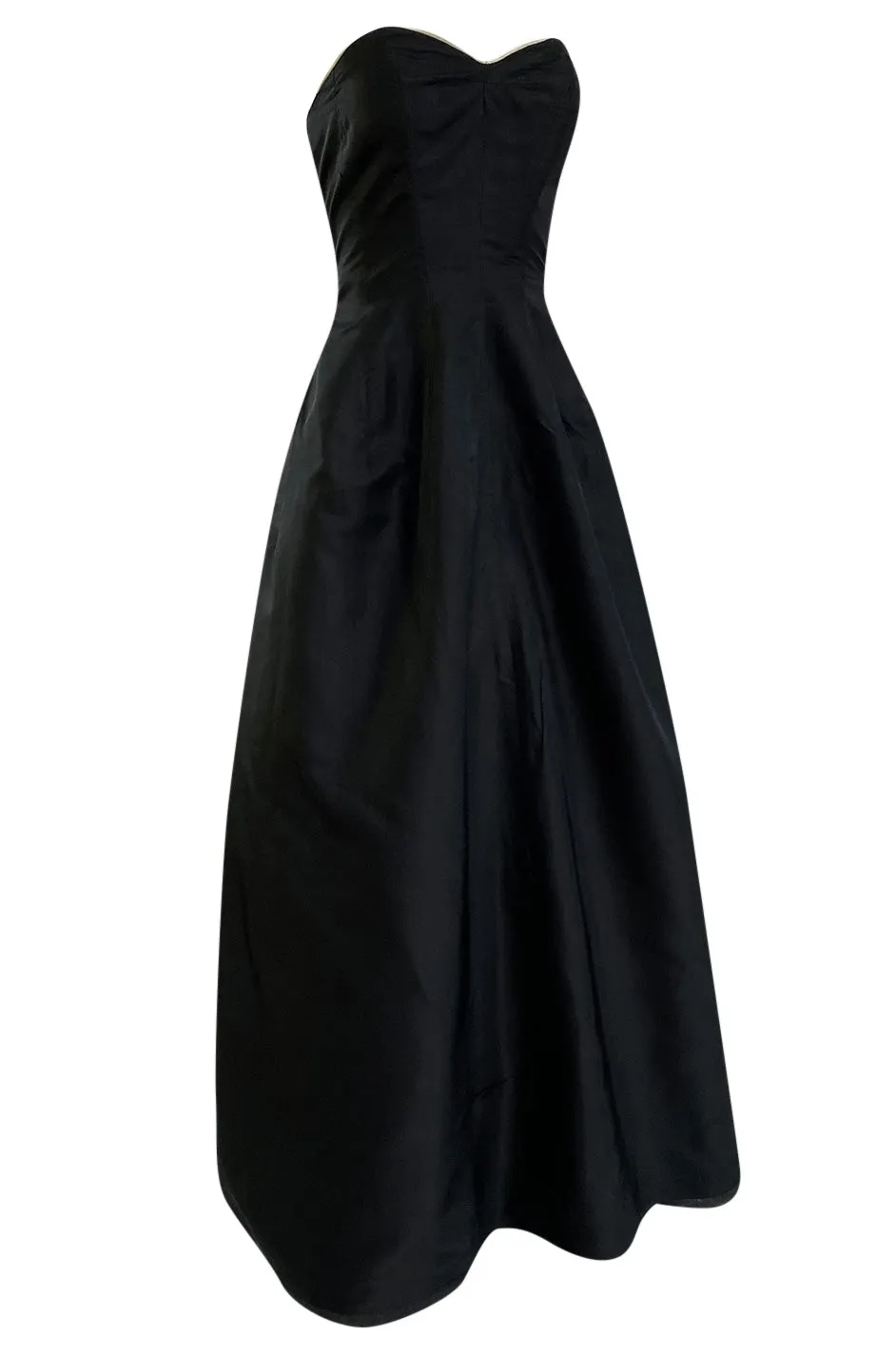 1950s Bonwit Teller Strapless Black Silk Dress w White Edging & Full Skirt