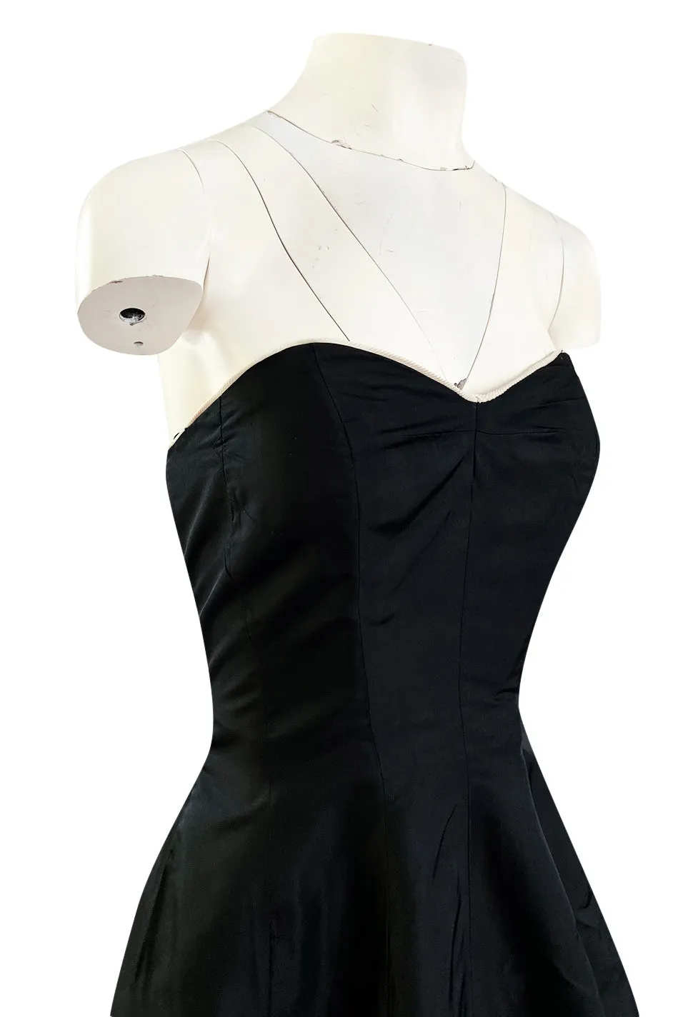 1950s Bonwit Teller Strapless Black Silk Dress w White Edging & Full Skirt