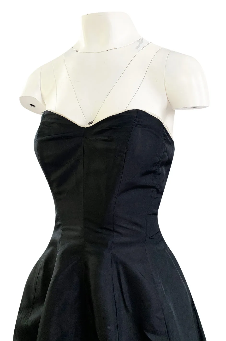 1950s Bonwit Teller Strapless Black Silk Dress w White Edging & Full Skirt