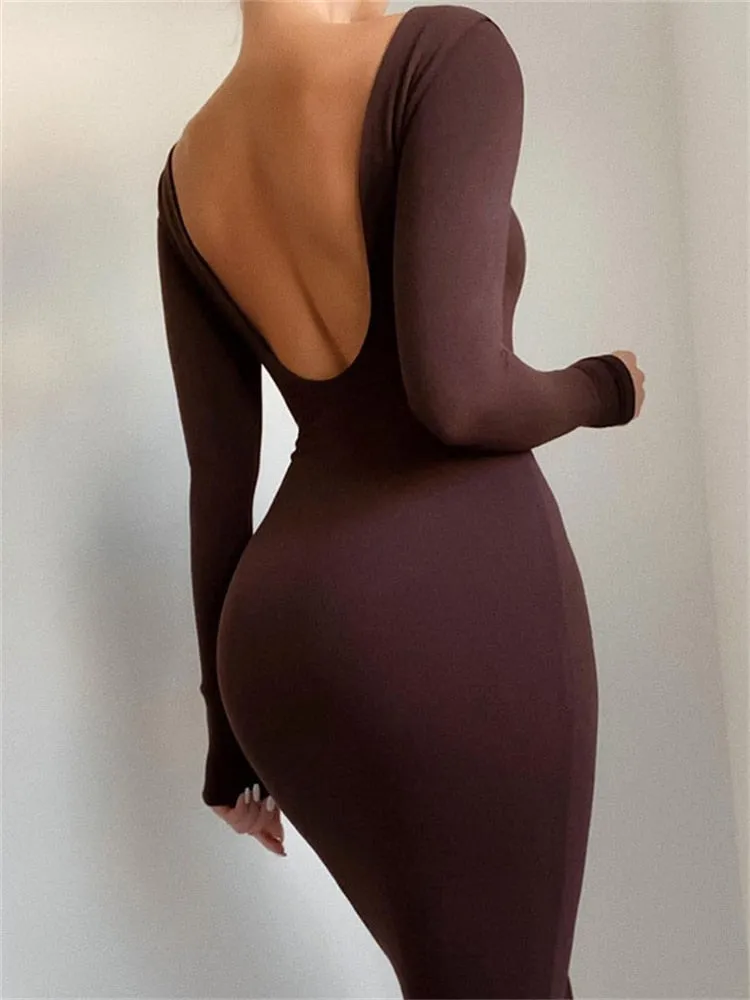 2023 Spring Sexy Backless Midi Dresses Bodycon Elegant Evening Club Party Birthday Brown Long Sleeve Dress Women