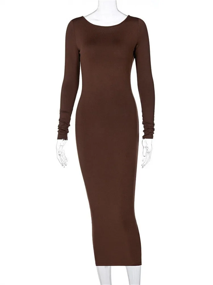 2023 Spring Sexy Backless Midi Dresses Bodycon Elegant Evening Club Party Birthday Brown Long Sleeve Dress Women