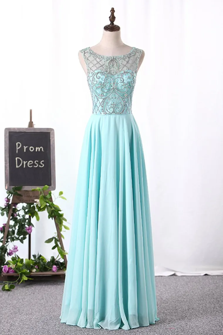 2024 A Line Boat Neck Chiffon Prom Dresses With Beading Floor Length