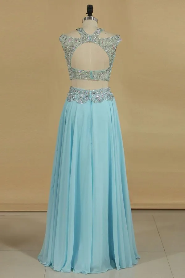 2024 A Line Prom Dresses Two Pieces Scoop Beaded Bodice Chiffon Sweep Train PEGKNKXX