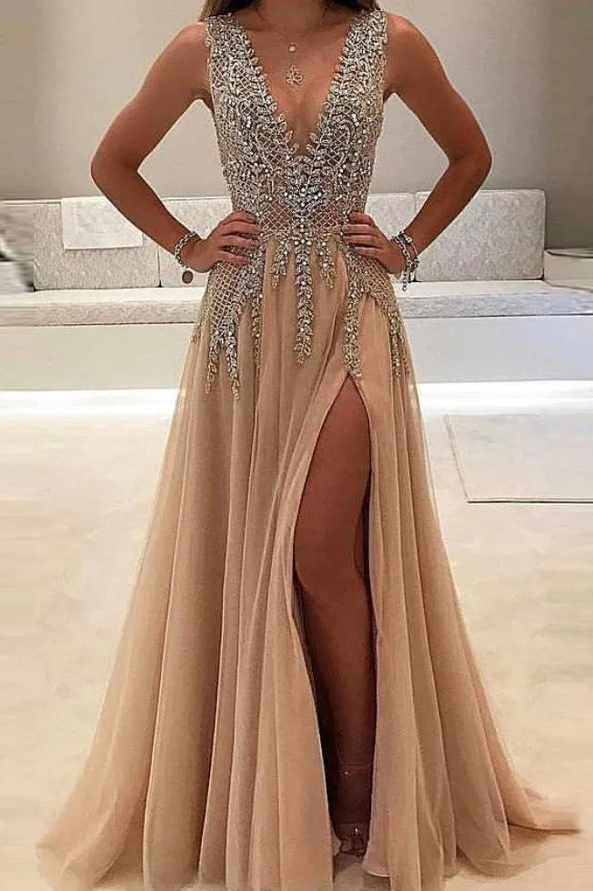 2024 A-line V-neck Nude Tulle with Slit Sexy Shinny Rhinestone Long Prom Dresses JS634