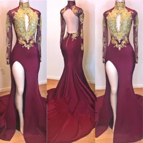 2024 Amazing Burgundy and Gold Appliques Long Sleeves High Neck Side Slit African American Prom Dresses