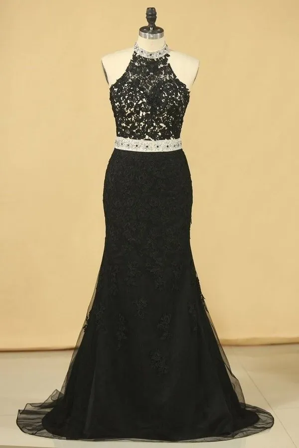 2024 Black Plus Size Prom Dresses Mermaid High Neck Open Back Tulle With Applique & PT9X5LZC