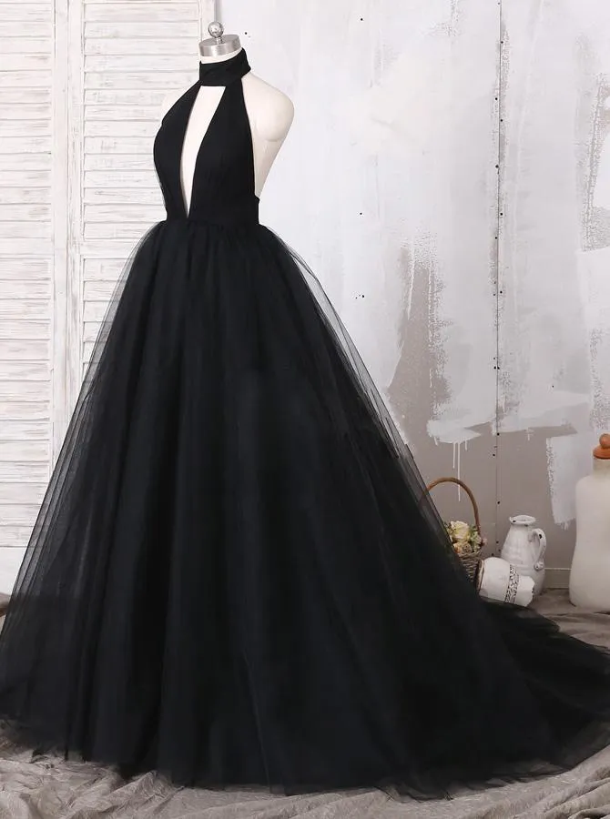 2024 Elegant Black Ball Gown Sexy Backless Long Sleeveless V-Neck Tulle Prom Dresses JS993