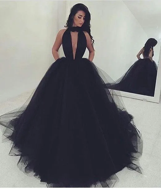 2024 Elegant Black Ball Gown Sexy Backless Long Sleeveless V-Neck Tulle Prom Dresses JS993