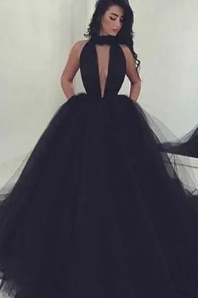 2024 Elegant Black Ball Gown Sexy Backless Long Sleeveless V-Neck Tulle Prom Dresses JS993