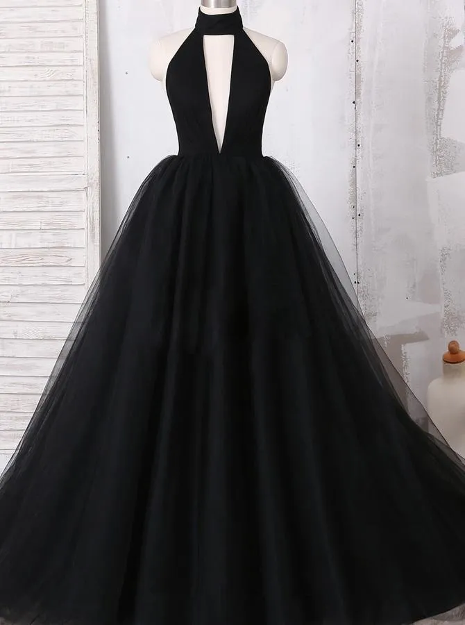 2024 Elegant Black Ball Gown Sexy Backless Long Sleeveless V-Neck Tulle Prom Dresses JS993