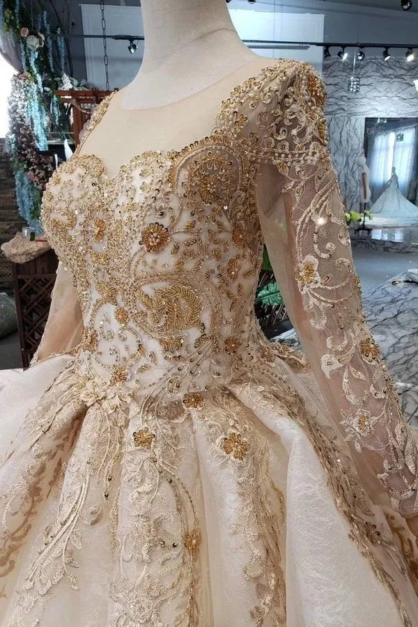 2024 New Prom Dresses Long Sleeves Ball Gown Scoop With Applique&Beads Lace PGAKM5ZZ