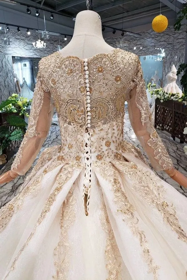 2024 New Prom Dresses Long Sleeves Ball Gown Scoop With Applique&Beads Lace PGAKM5ZZ