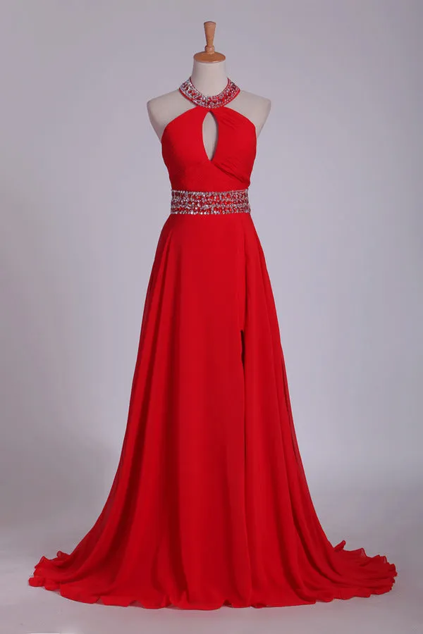 2024 Prom Dresses A Line Halter Chiffon With Beading And PLR8NHZ5