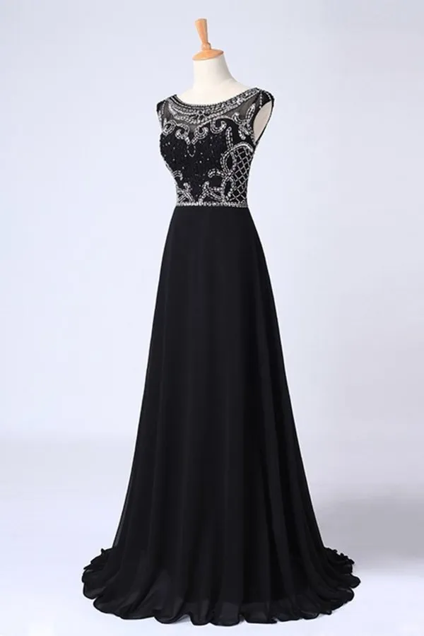 2024 Prom Dresses A-Line Scoop Dark Navy Blue Long Chiffon Chic PP5Y2S1C