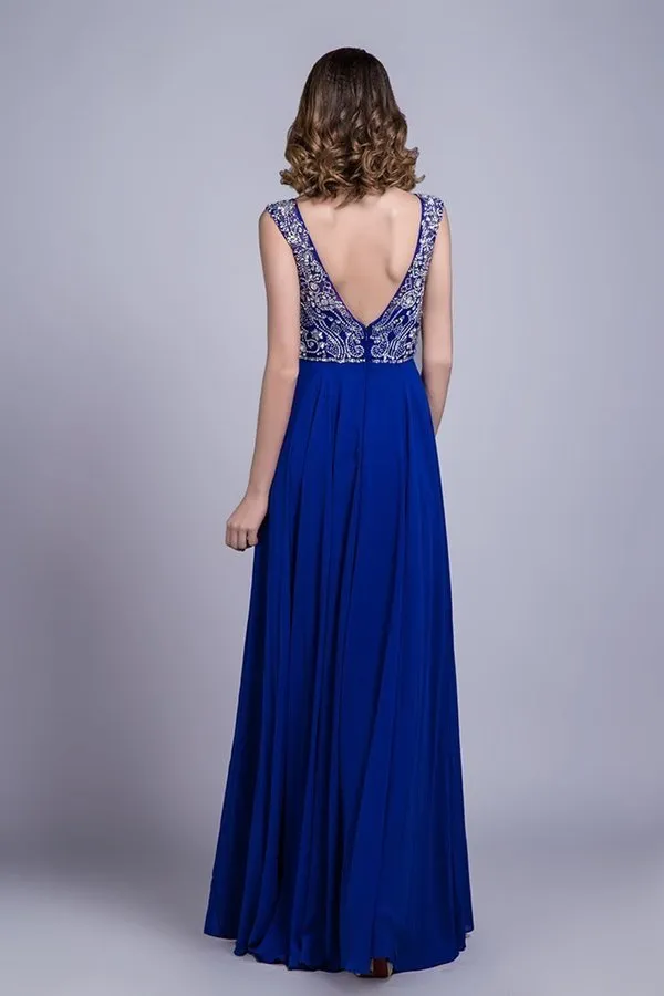 2024 Prom Dresses A-Line Scoop Floor-Length Dark Royal Blue Chiffon Beaded P6YLECKN