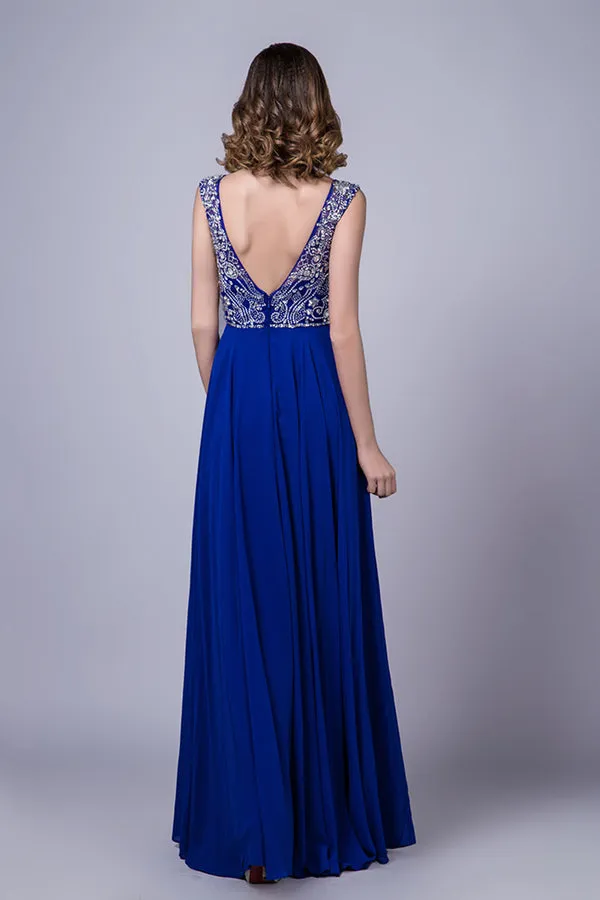 2024 Prom Dresses A-Line Scoop Floor-Length Dark Royal Blue Chiffon Beaded P6YLECKN