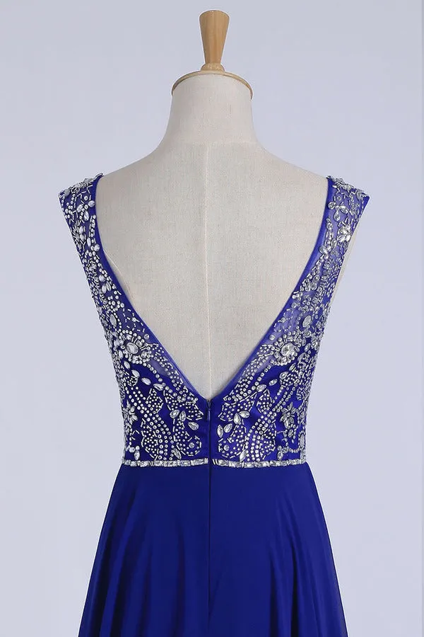 2024 Prom Dresses A-Line Scoop Floor-Length Dark Royal Blue Chiffon Beaded P6YLECKN