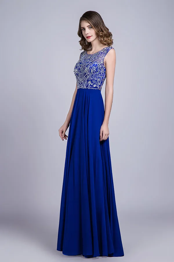 2024 Prom Dresses A-Line Scoop Floor-Length Dark Royal Blue Chiffon Beaded P6YLECKN