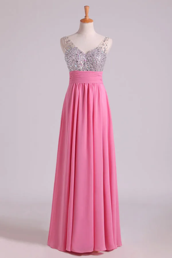 2024 Prom Dresses A Line V Neck Chiffon With Beading/Sequins Sleeveless Floor P98QLD19