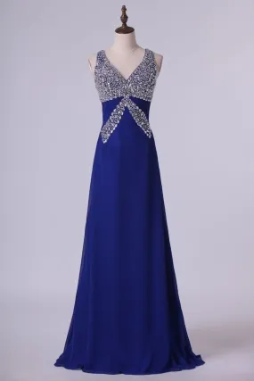 2024 Prom Dresses Halter Open Back A Line Chiffon With Rhinestone Dark Royal PXJBZNNT