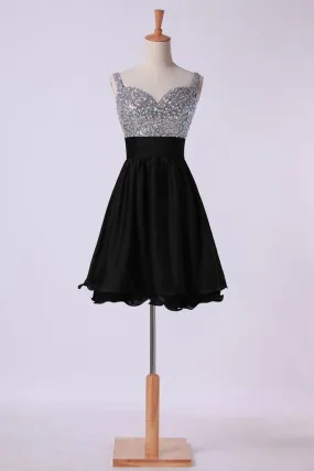 2024 Prom Dresses Straps A Line Short/Mini Beaded Bodice With Pleated PA24HMEA