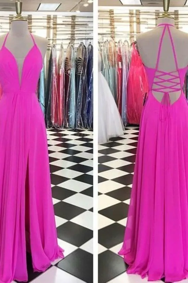 2024 Simple Style A Line Halter Neck Chiffon Prom Dresses Floor P77ZBEZZ