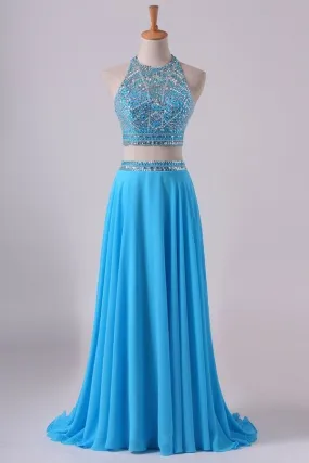 2024 Two-Piece A Line Prom Dresses Beaded Bodice Open Back Chiffon PTDR46S4