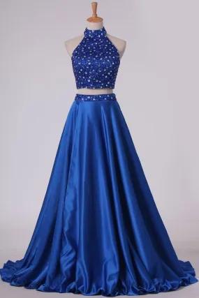 2024 Two Pieces High Neck A Line Prom Dresses Beaded Bodice Satin P69BLANY