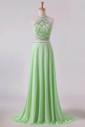 2024 Two Pieces Prom Dresses Halter A Line Chiffon Sweep Train PCBKFD95