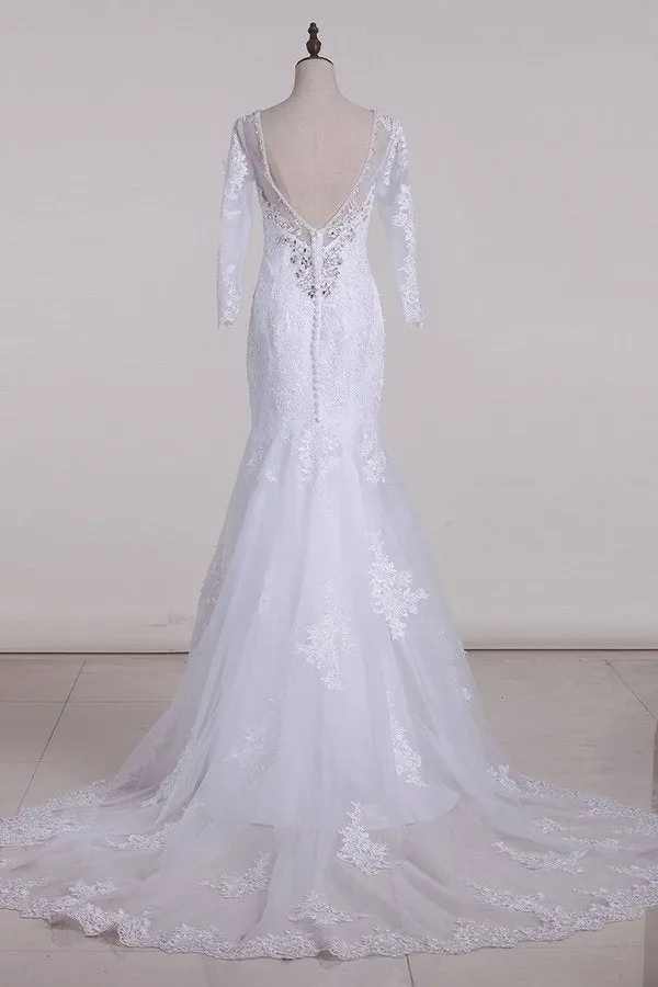 2024 V-Neck 3/4 Length Sleeve Wedding Dresses Mermaid Tulle With Beads And Applique PZNLFRB8