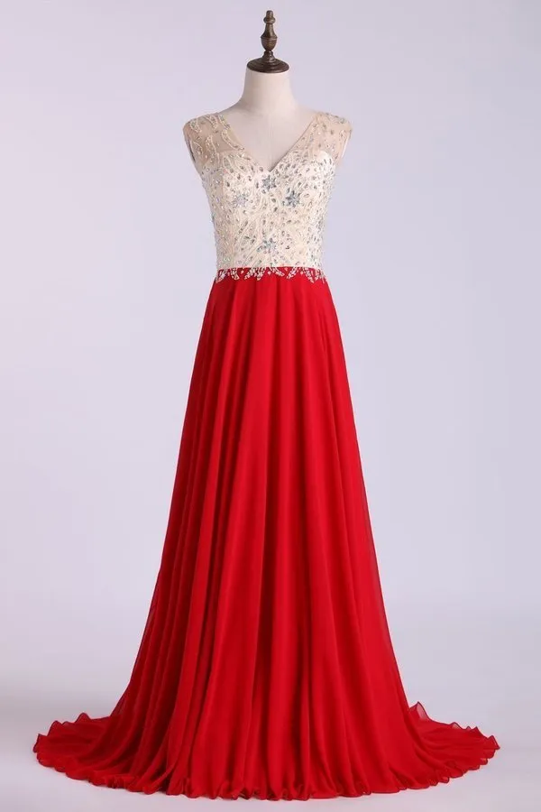 2024 V Neck Prom Dresses A Line Beaded Bodice Sweep Train Chiffon P9XYH89N