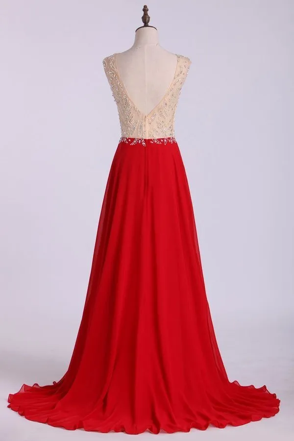 2024 V Neck Prom Dresses A Line Beaded Bodice Sweep Train Chiffon P9XYH89N