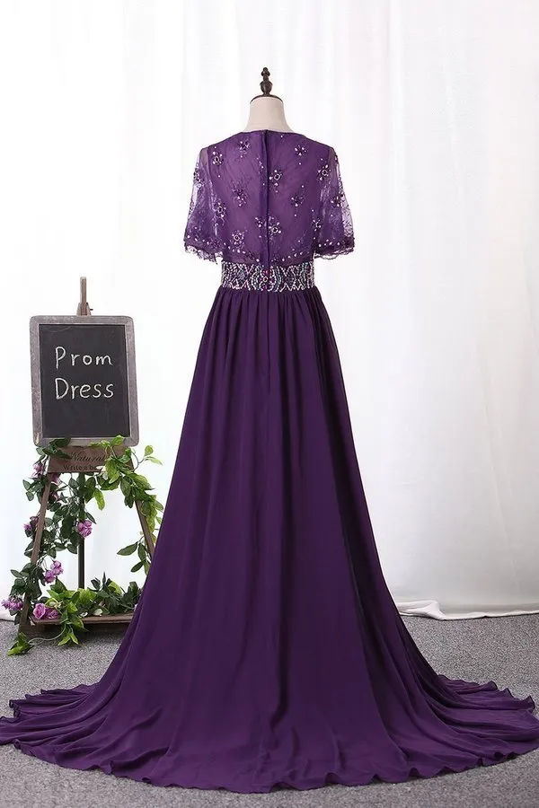 2024 V Neck Prom Dresses A Line Chiffon & Lace With Beads P3G4FG2H