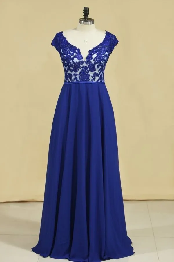 2024 V Neck Prom Dresses Cap Sleeves Chiffon With Applique PEENDYB8