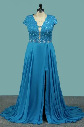 2024 V Neck Short Sleeves Prom Dresses Chiffon With Beading And Slit PKP82D7H