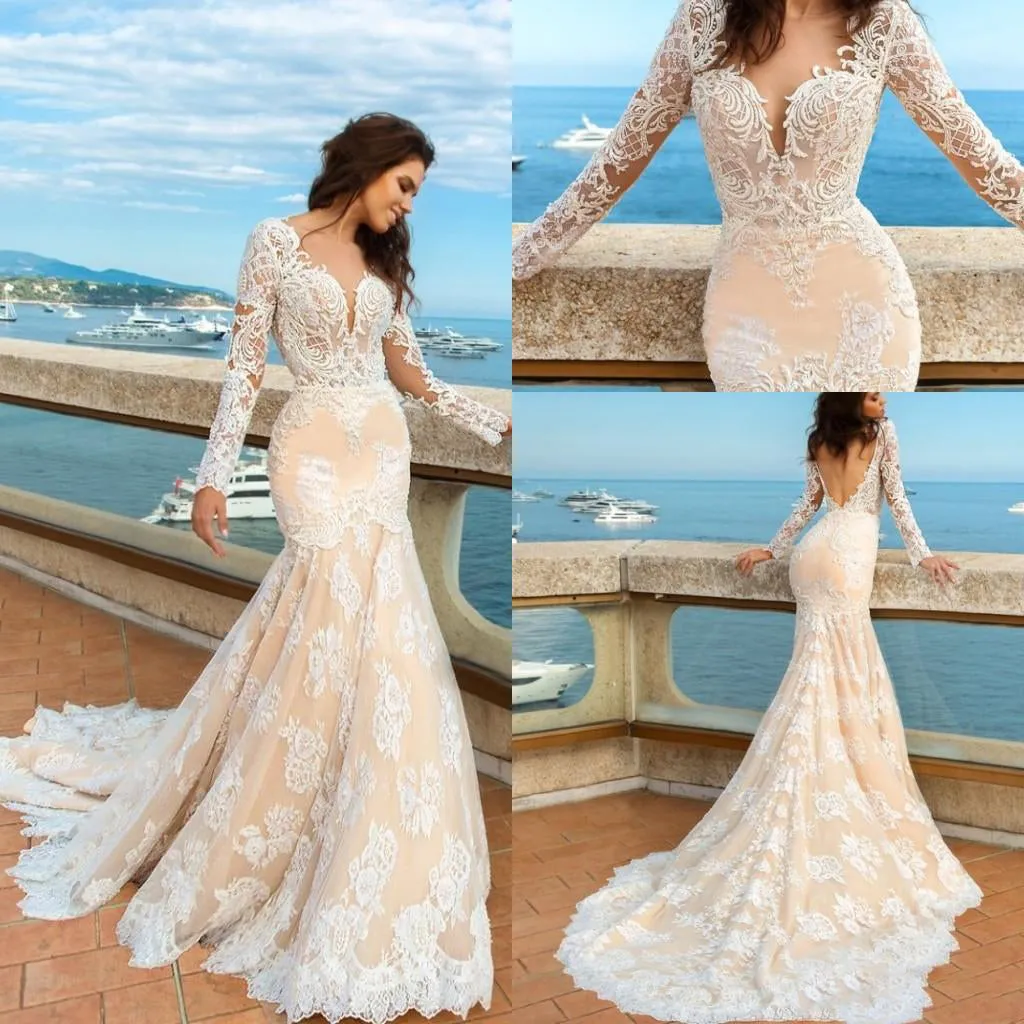 2024 White Lace Mermaid Deep V-Neck Backless Long Sleeve Wedding Dresses JS835