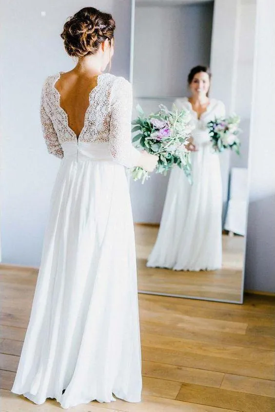 3/4 Sleeve See Through Backless Lace Wedding Gowns Chiffon Rustic Wedding Dresses JS815