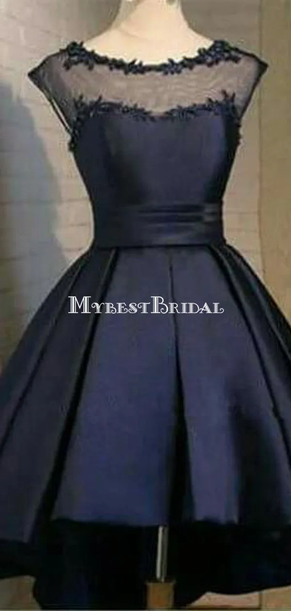 A-line Bateau Navy Blue Lace Homecoming Dress  ,Short Prom Dresses,BDY0352