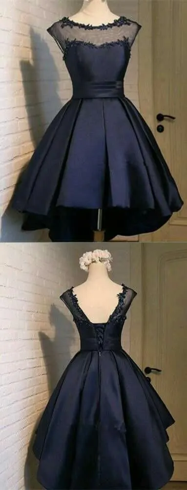 A-line Bateau Navy Blue Lace Homecoming Dress  ,Short Prom Dresses,BDY0352