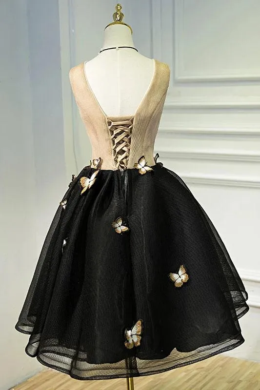 A Line Black V Neck Lace up Homecoming Dresses Sleeveless Prom Dress With Butterfly H1136