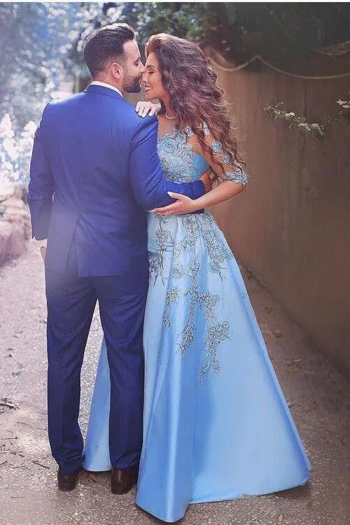 A line Blue Half Sleeve Satin Prom Dresses Sweetheart Lace Appliques Formal Dress,BS015