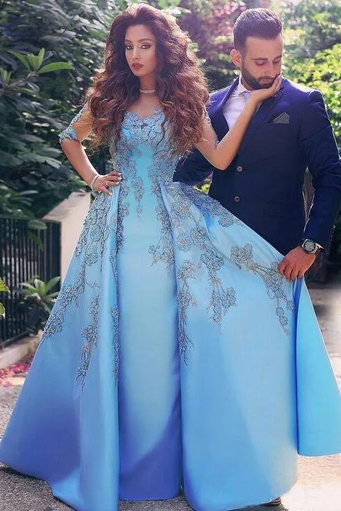 A line Blue Half Sleeve Satin Prom Dresses Sweetheart Lace Appliques Formal Dress,BS015