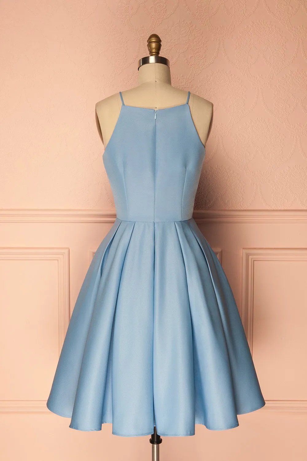 A Line Blue Halter Sleeveless Short Satin Knee Length Homecoming Dress JS601