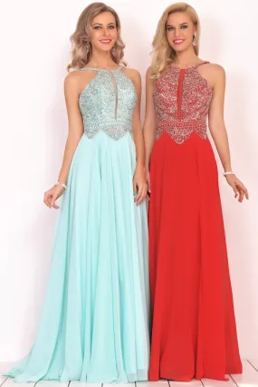 A Line Chiffon Spaghetti Straps Prom Dresses With Beading Floor Length