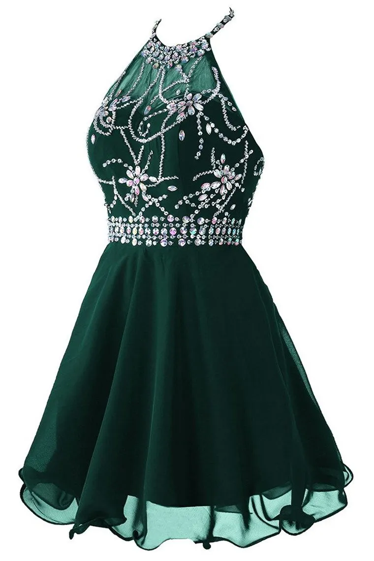 A Line Cute Homecoming Dress Halter Short/Mini Chiffon&Tulle Beaded Bodice