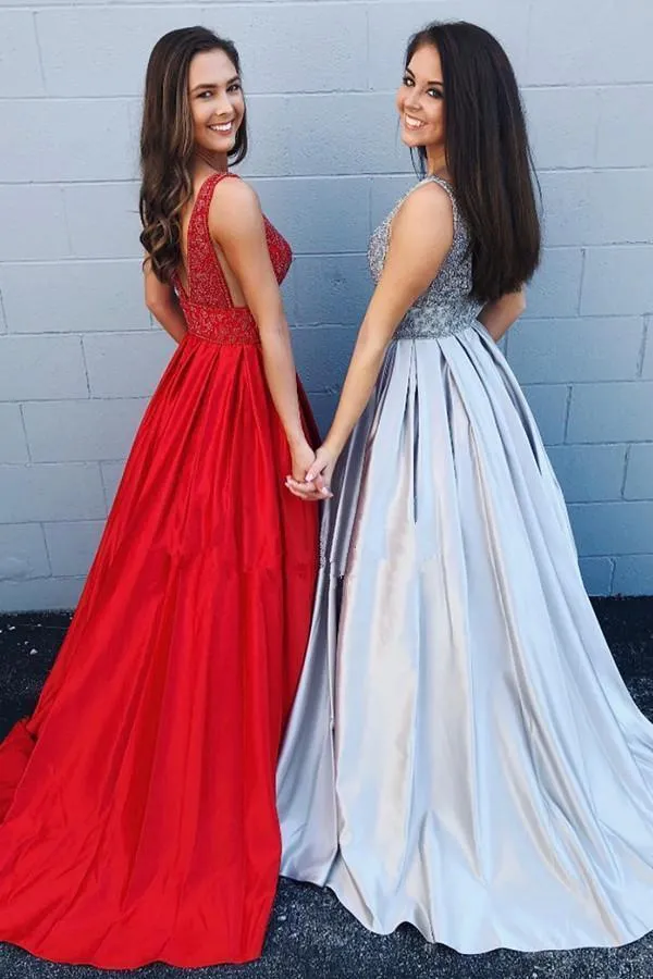 A-line Deep V Neck Beads Red Backless Long Prom Dresses With Pockets Party Dress