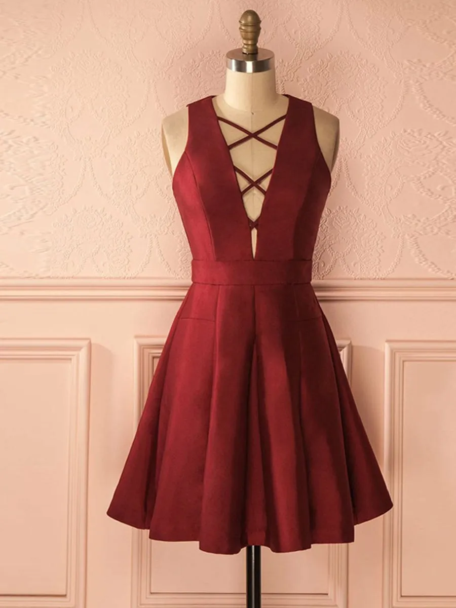 A Line Deep V Neck Burgundy Satin Short Prom Homecoming Dresses, V Neck Burgundy Formal Graduation Evening Dress